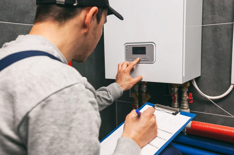 water heater technician writing on a clipboard beside wall mounted unit